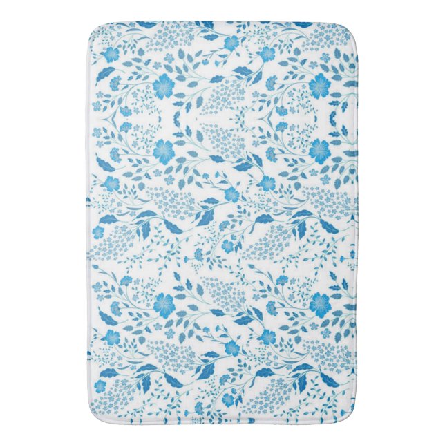 Blue White Floral Embroidery Style Pattern Bath Mat (Front Vertical)