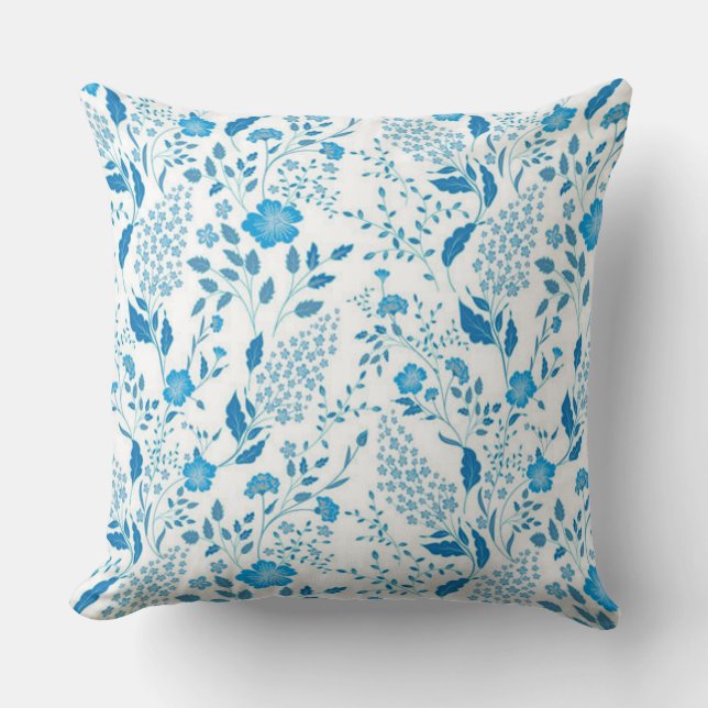 Blue White Floral Embroidery Style Pattern   Throw Pillow (Front)