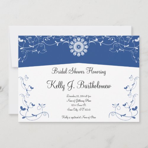 Blue White Floral Flourish Bridal Shower Personalized Invitation