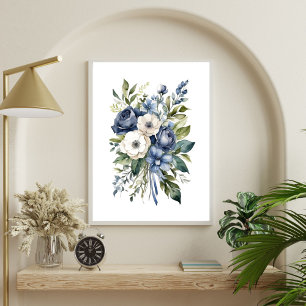 Blue White Floral Flowers Watercolor Elegant Poster
