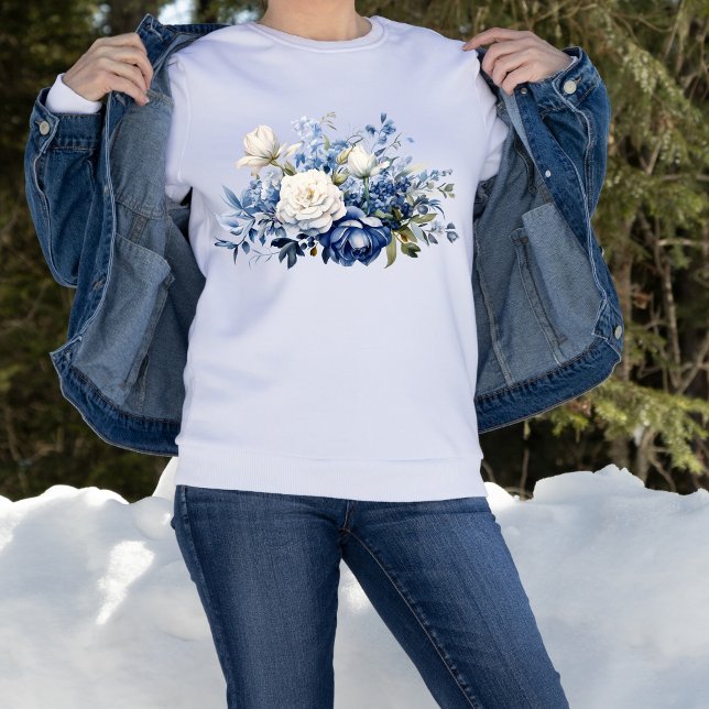 Blue White Floral Flowers Watercolor  Sweatshirt (Blue White Watercolor Floral Flowers on White Sweatshirt)