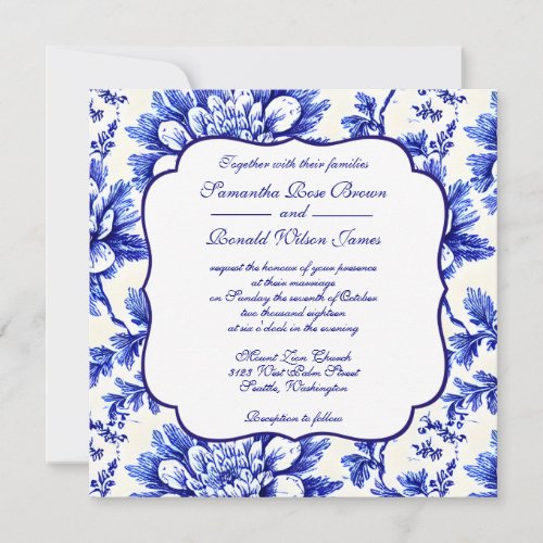 Blue  White Floral French Country Decor Wedding  Invitation