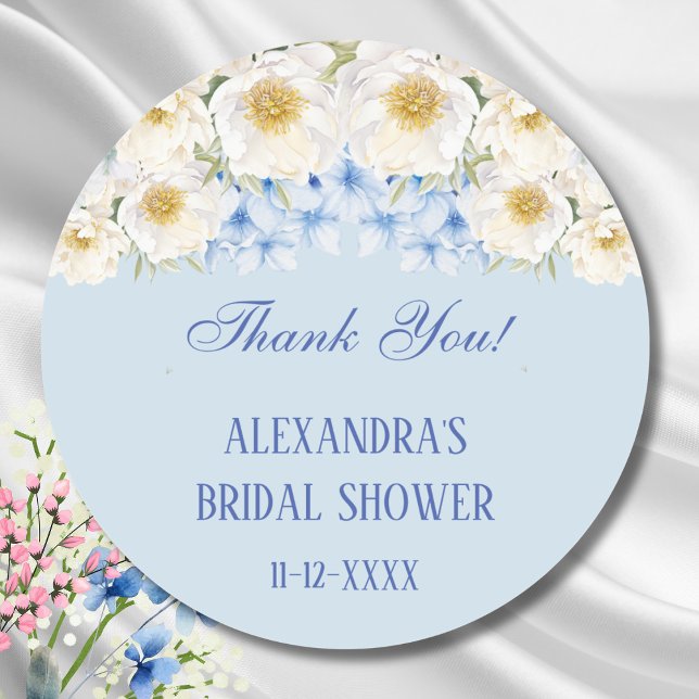 Blue White Floral Garden Bridal Shower Thank You Classic Round Sticker (Creator Uploaded)
