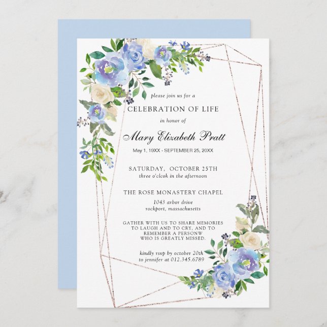 Blue White Floral Geometric Celebration of Life Invitation (Front/Back)