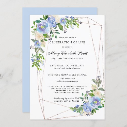 Blue White Floral Geometric Celebration of Life Invitation