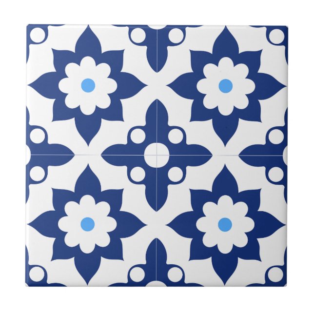  Blue &White floral Geometric Ceramic Tile (Front)
