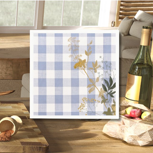 Blue White Floral Gingham Plaid Country Farmhouse Napkins (Creator Uploaded)