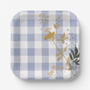Blue White Floral Gingham Plaid Country Farmhouse Paper Plates