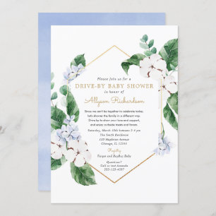 Blue white floral gold Drive by spring baby shower Invitation