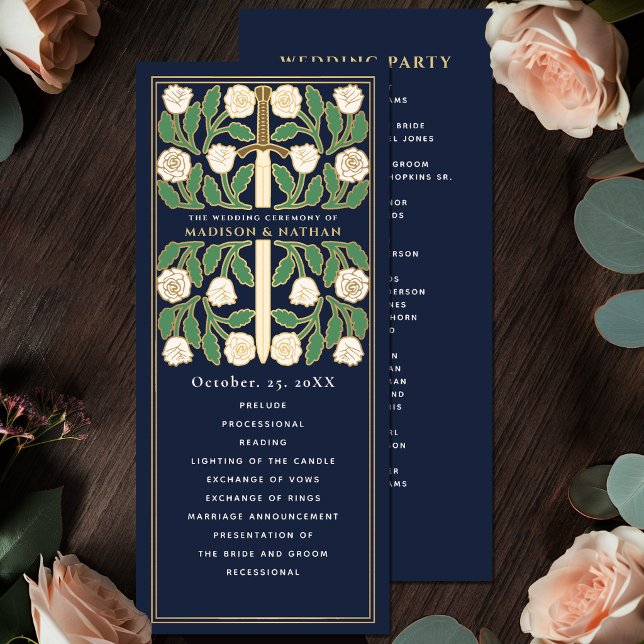 Blue White Floral Gold Sword Royal Wedding Program (Creator Uploaded)