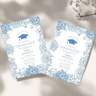 Blue White Floral Graduation Party Invitation