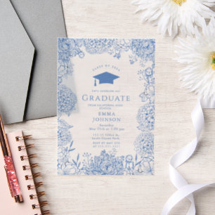 Blue White Floral Graduation Party Vellum Invitations
