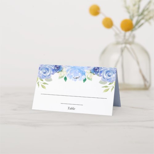 Blue white floral greenery elegant place card