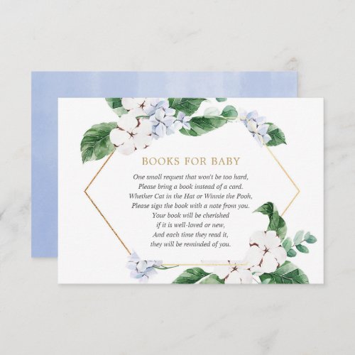 Blue white floral greenery gold books for baby boy enclosure card