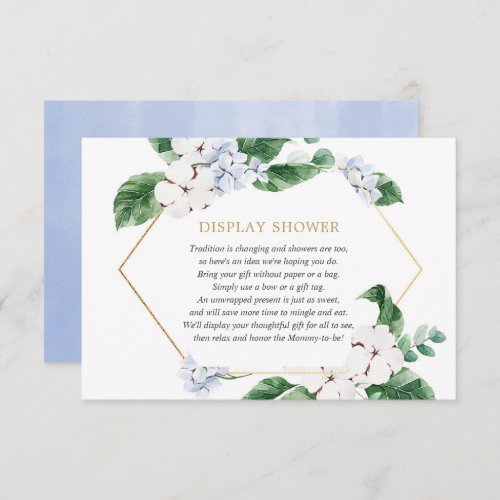 Blue white floral greenery gold boy display shower enclosure card