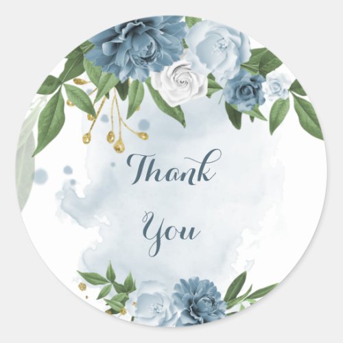 blue white floral greenery thank you classic round sticker