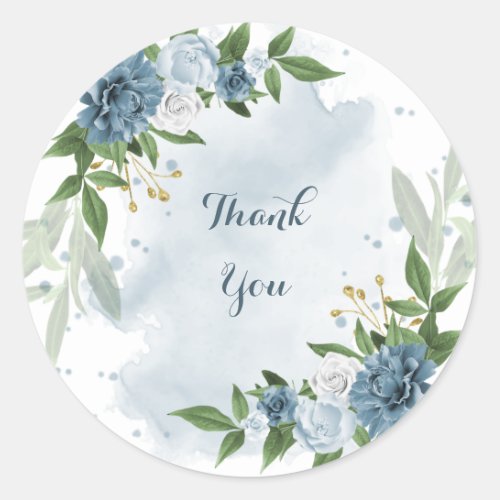 blue white floral greenery thank you classic round sticker