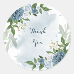 blue white floral greenery thank you classic round sticker