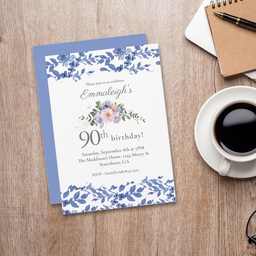 Blue White Floral Happy Birthday  Invitation