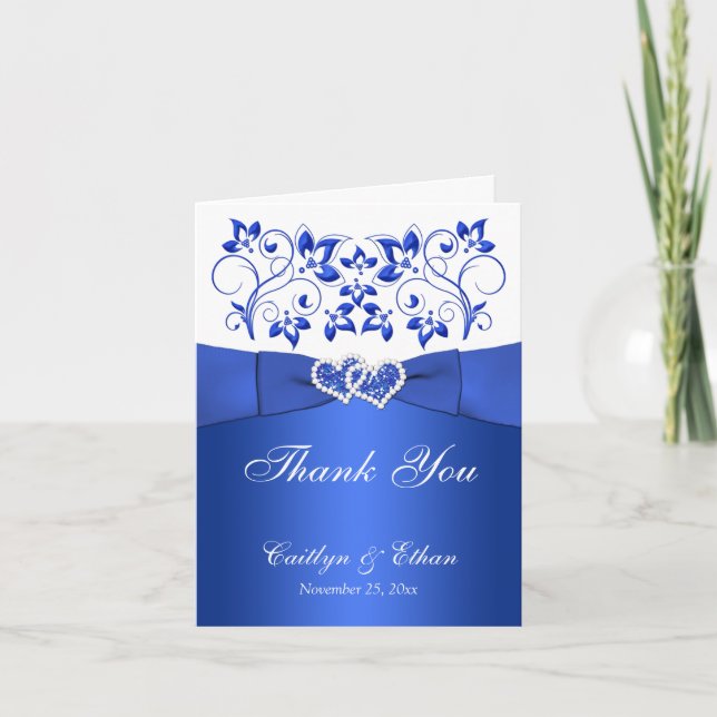 Blue, White Floral, Hearts Wedding Thank You Card (Front)