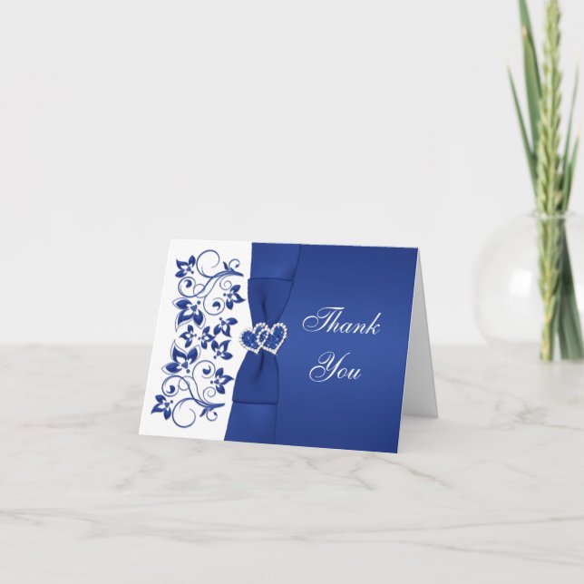 Blue, White Floral, Hearts Wedding Thank You Card (Front)