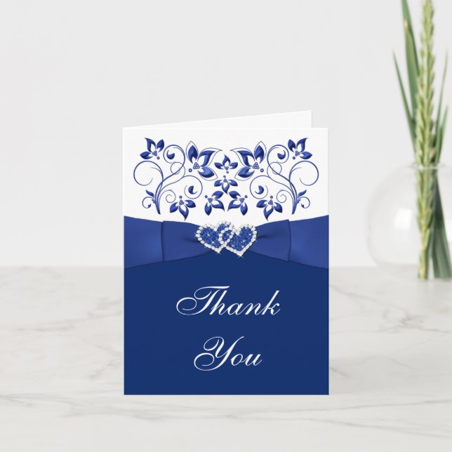 Blue, White Floral, Hearts Wedding Thank You Card (Front)
