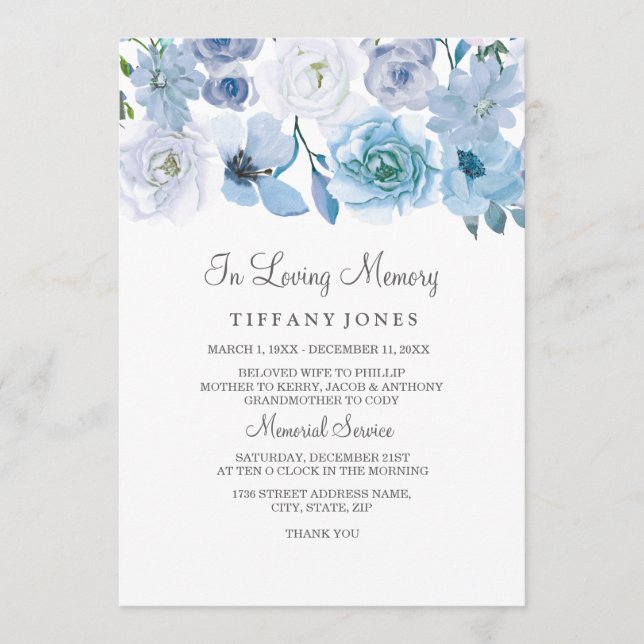 Blue White Floral In Loving Memory Service Invite (Front)