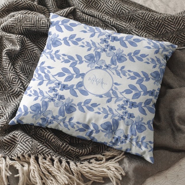 Blue White Floral Leaf Pattern Monogram Throw Pillow (Creator Uploaded)