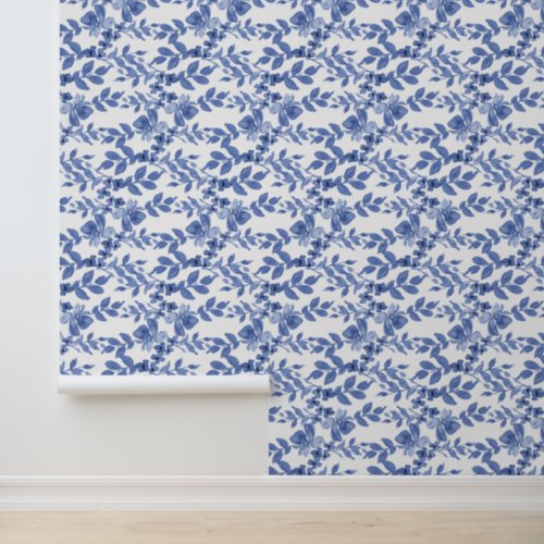 Blue White Floral Leaf Pattern Wallpaper