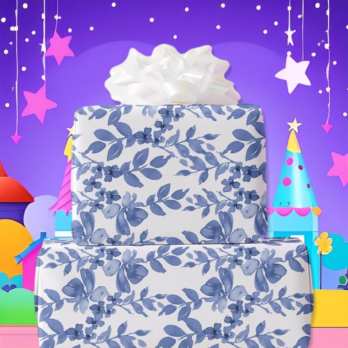 Blue White Floral Leaf Pattern Wrapping Paper