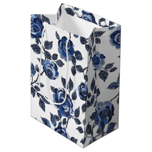 Blue White Floral Leaves Birthday Medium Gift Bag