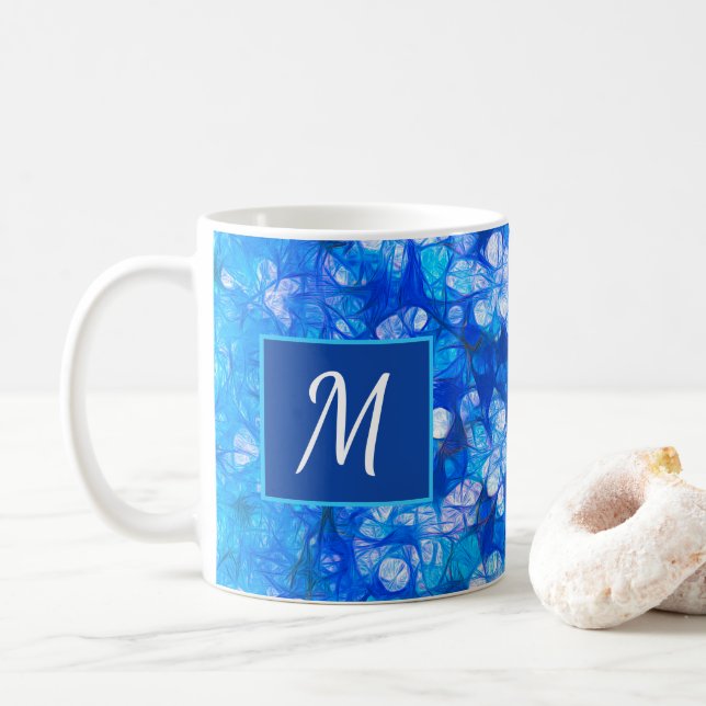 Blue White Floral Modern Flowers Monogram Custom Coffee Mug (With Donut)