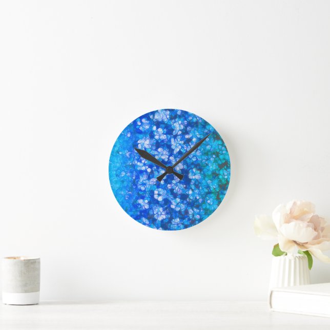 Blue White Floral Modern Flowers Trendy Chic Round Clock (Home)