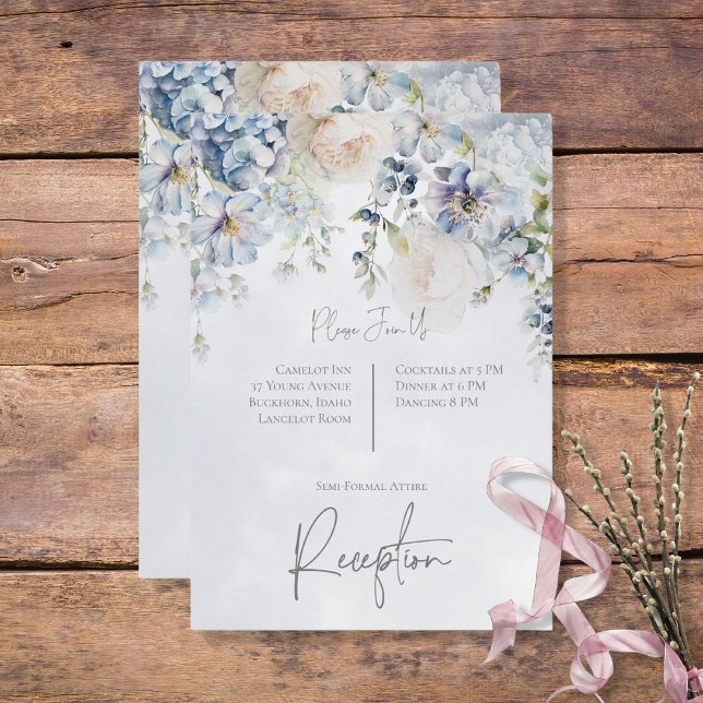 Blue & White Floral Modern Reception Enclosure Card (Blue & White Floral Modern Wedding Reception Card)