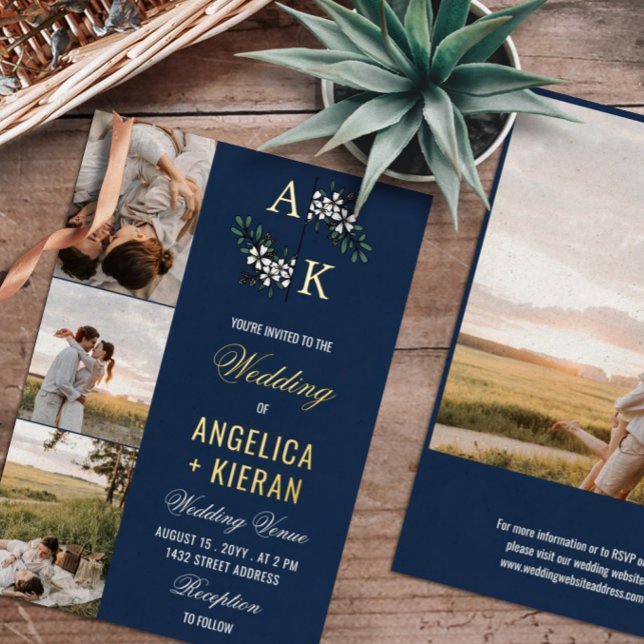 Blue White Floral Monogram Photos Wedding Gold Foi Foil Invitation (Creator Uploaded)