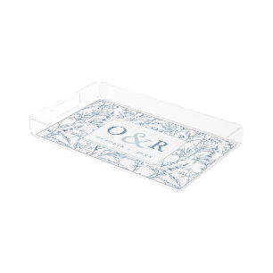 Blue & White Floral Monogram Wedding Gift Tray