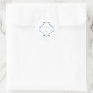 Blue & White Floral Monogrammed Wedding  Classic Round Sticker