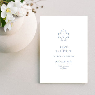 Blue & White Floral Monogrammed Wedding Flat Save The Date