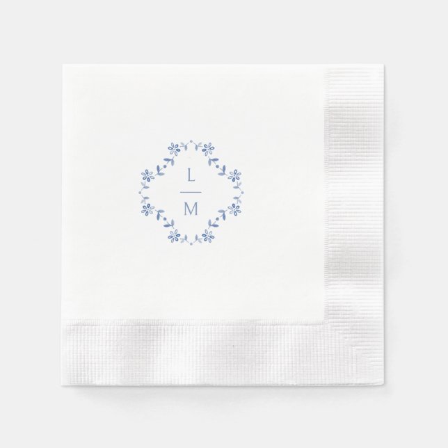 Blue & White Floral Monogrammed Wedding  Napkins (Front)