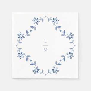 Blue & White Floral Monogrammed Wedding  Napkins