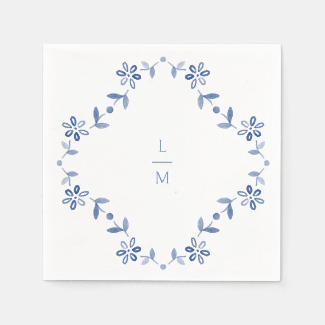 Blue & White Floral Monogrammed Wedding  Napkins (Front)