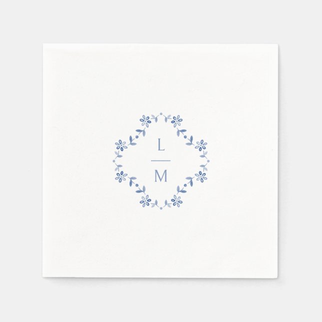 Blue & White Floral Monogrammed Wedding  Napkins (Front)