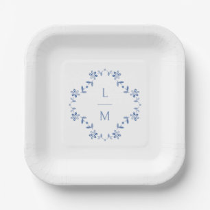 Blue & White Floral Monogrammed Wedding  Paper Plates