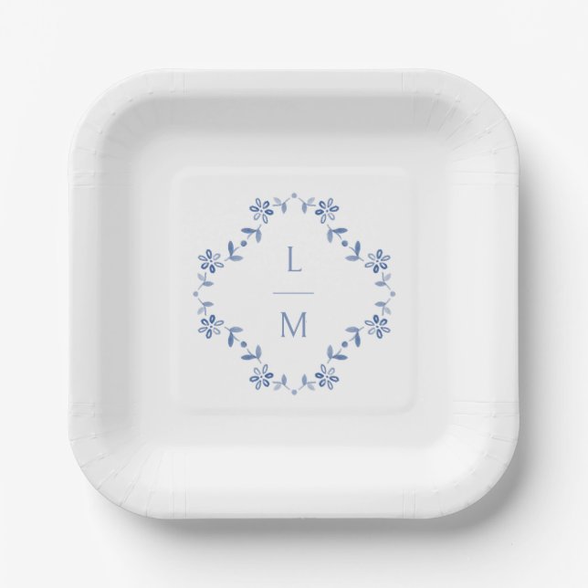 Blue & White Floral Monogrammed Wedding  Paper Plates (Front)