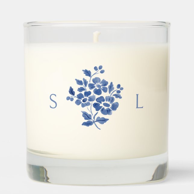 Blue & White Floral Monogrammed Wedding  Scented Candle (Front)