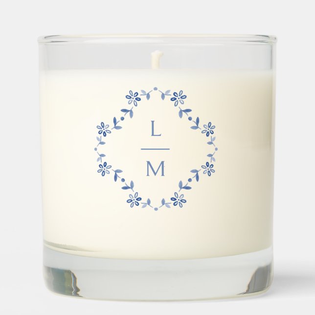 Blue & White Floral Monogrammed Wedding  Scented Candle (Front)