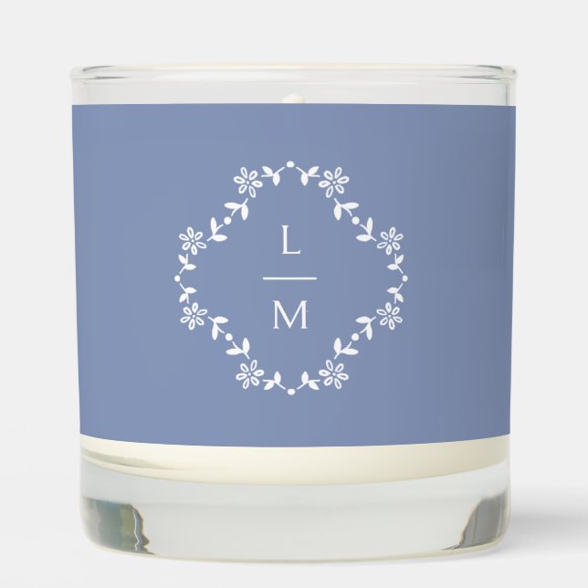 Blue & White Floral Monogrammed Wedding  Scented Candle (Front)