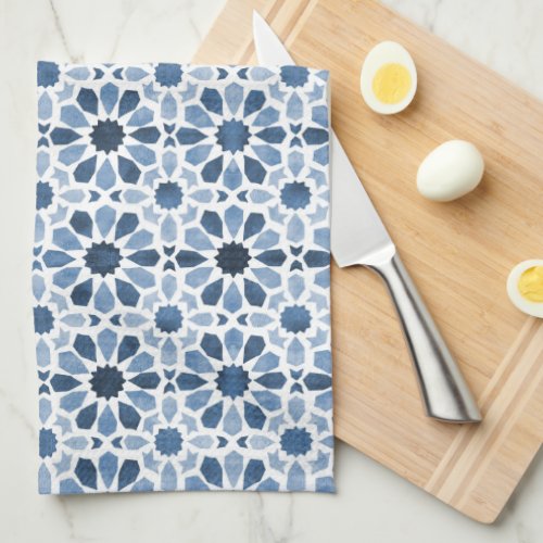 Blue  White Floral Moroccan Tile Pattern  Kitchen Towel