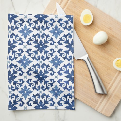 Blue  White Floral Moroccan Tile Pattern  Kitchen Towel
