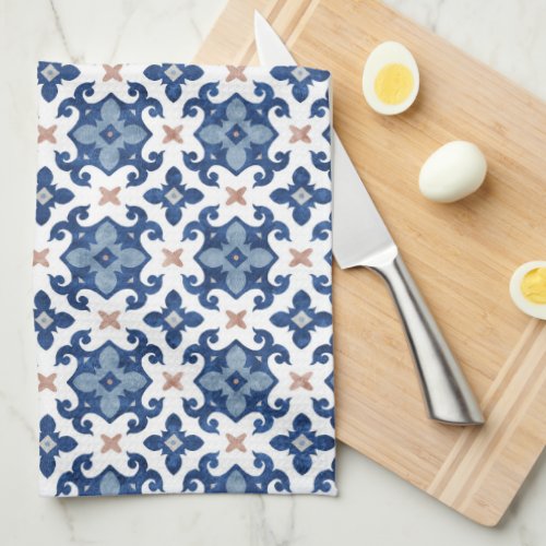 Blue  White Floral Moroccan Tile Pattern  Kitchen Towel